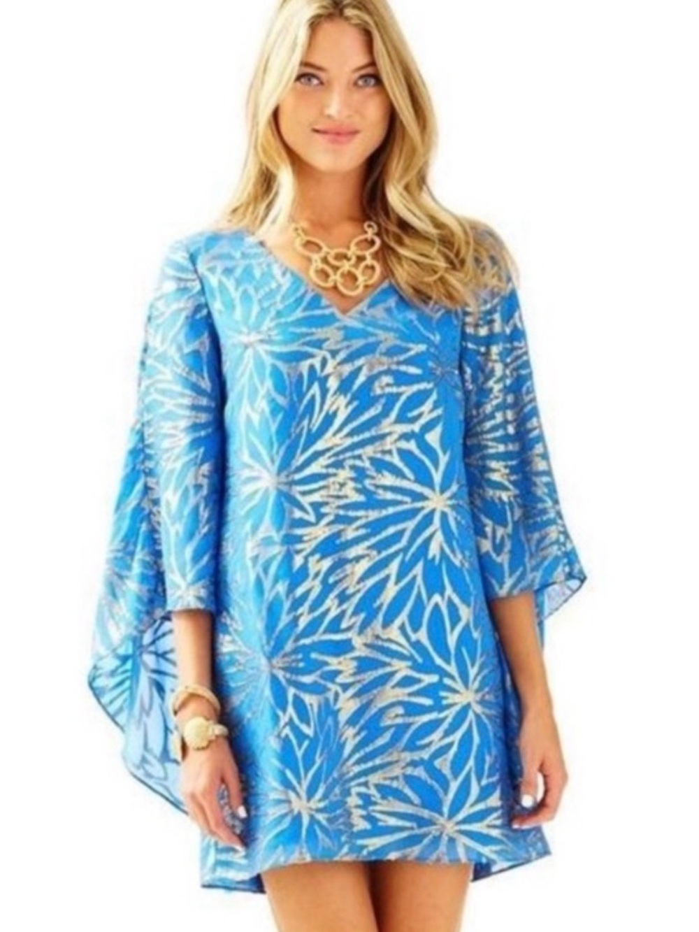 Lilly Pulitzer Blue Metallic Floral V-Neck Tunic
